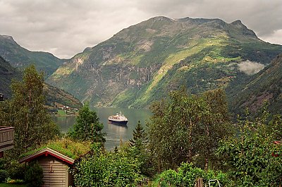 View of Geiranger fiord - One of many cruise-ships down there